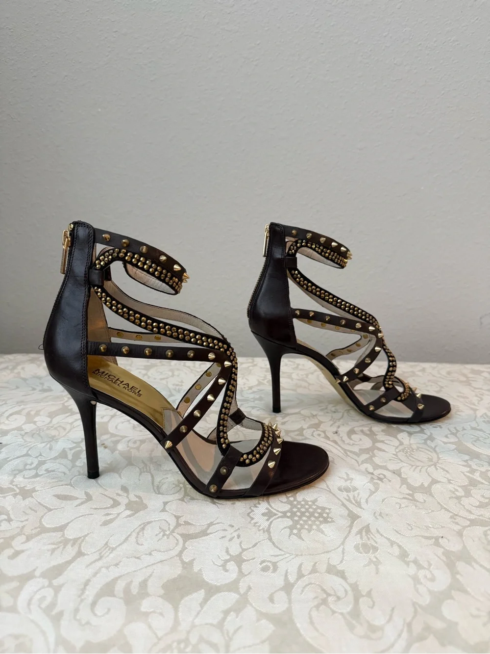 Stunning Michael Kors Brown Studded Crystal Leather Heels Sandals 8.5M (NWOB)